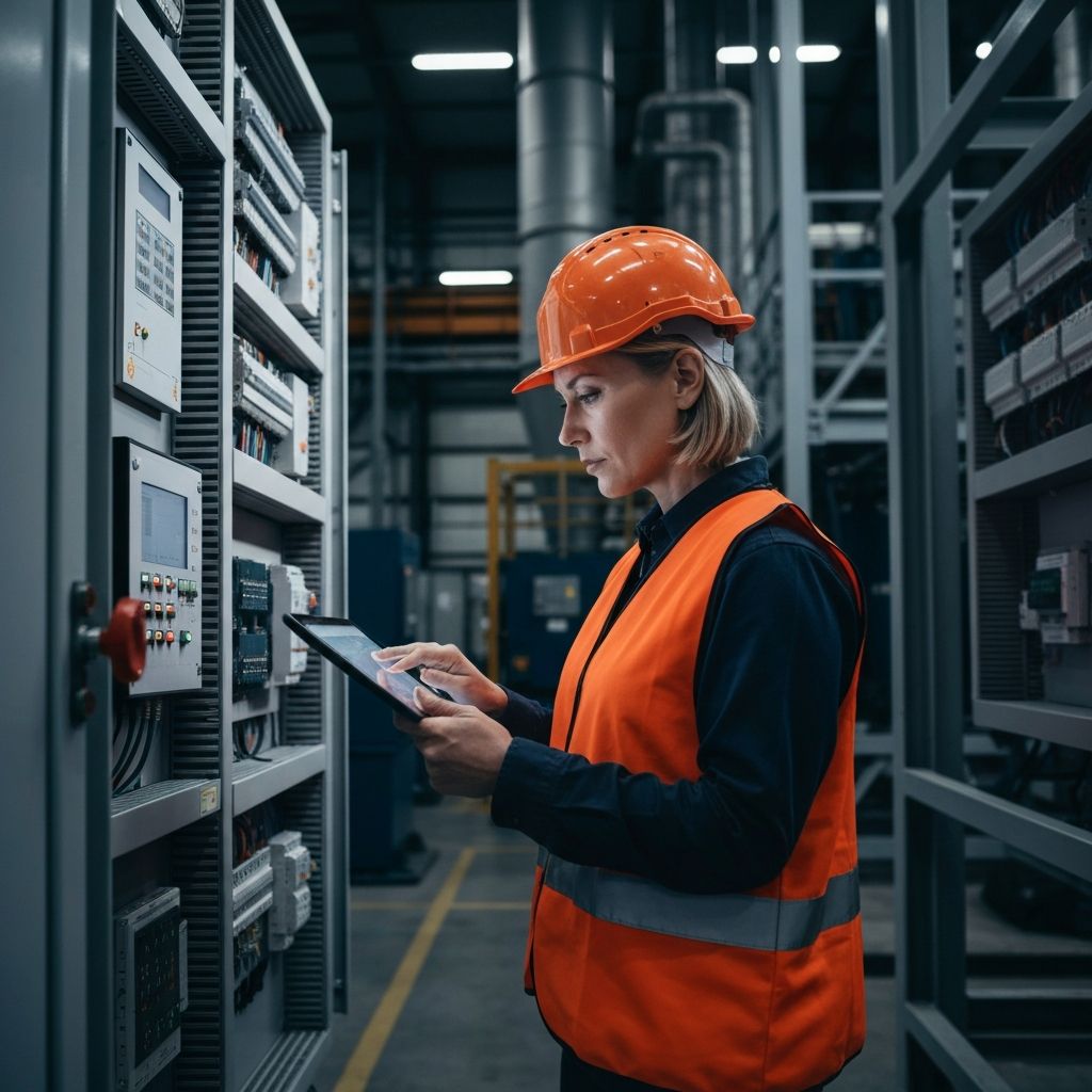 Auditor energetico profesional inspeccionando panel electrico industrial con tablet en fabrica moderna