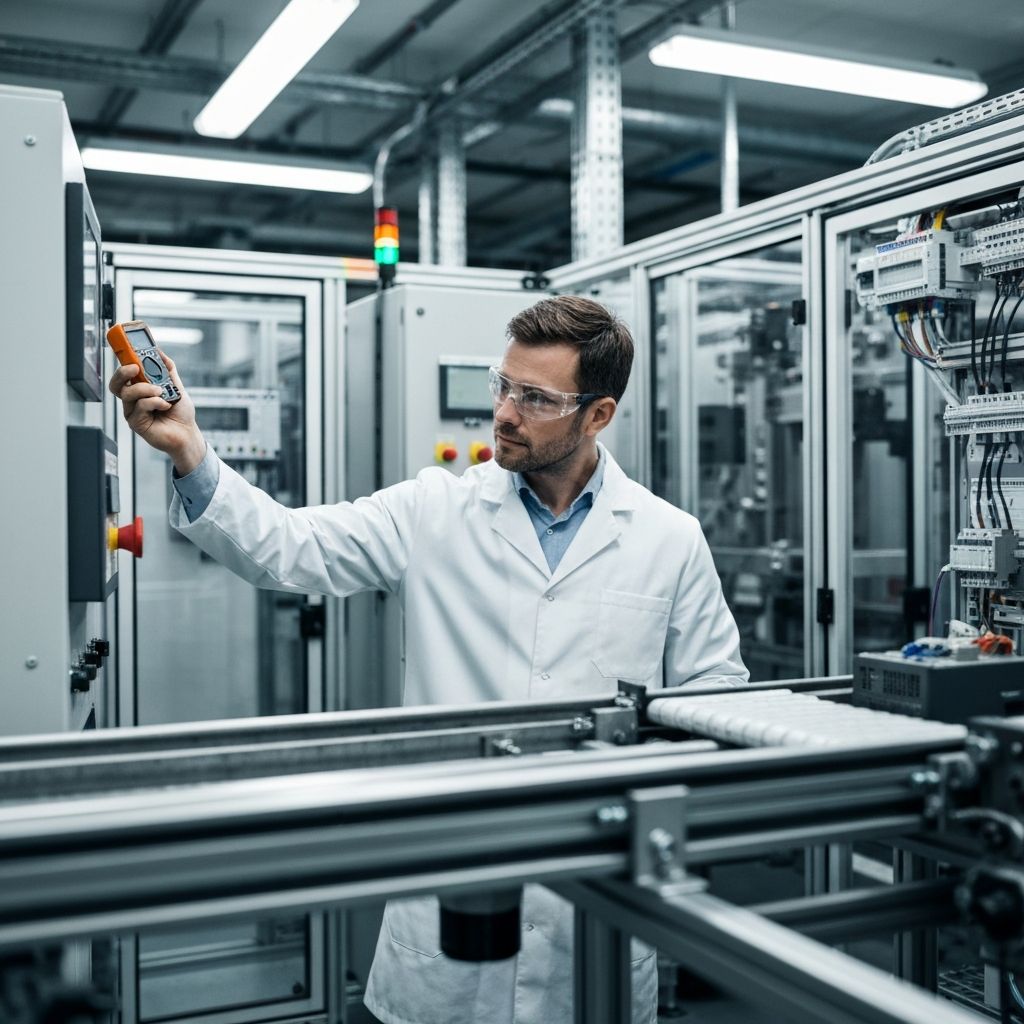Ingeniero con equipo de medicion verificando instalacion electrica en instalacion de produccion