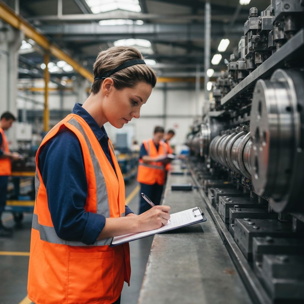 Ingeniera con chaleco de seguridad tomando notas cerca de maquinaria industrial en fabrica