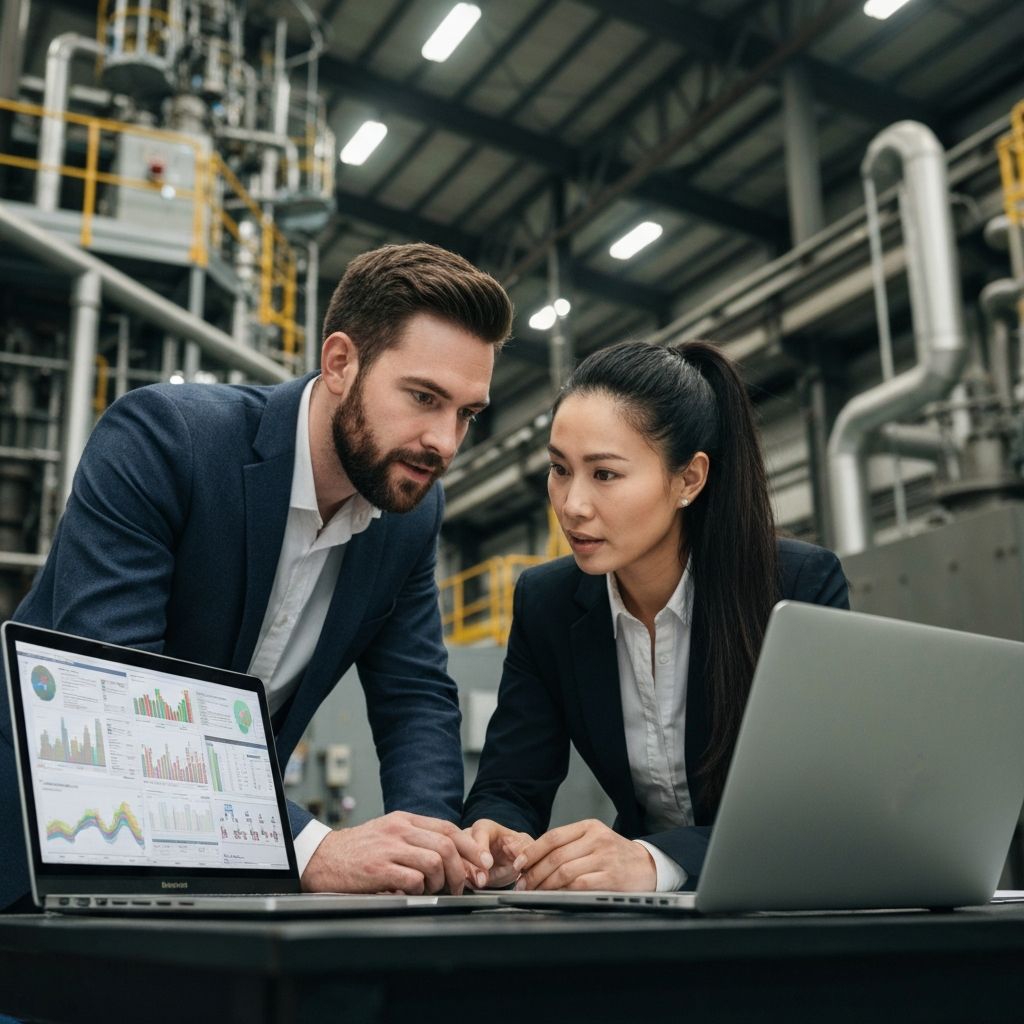 Consultores profesionales revisando datos de energia en laptop en entorno industrial